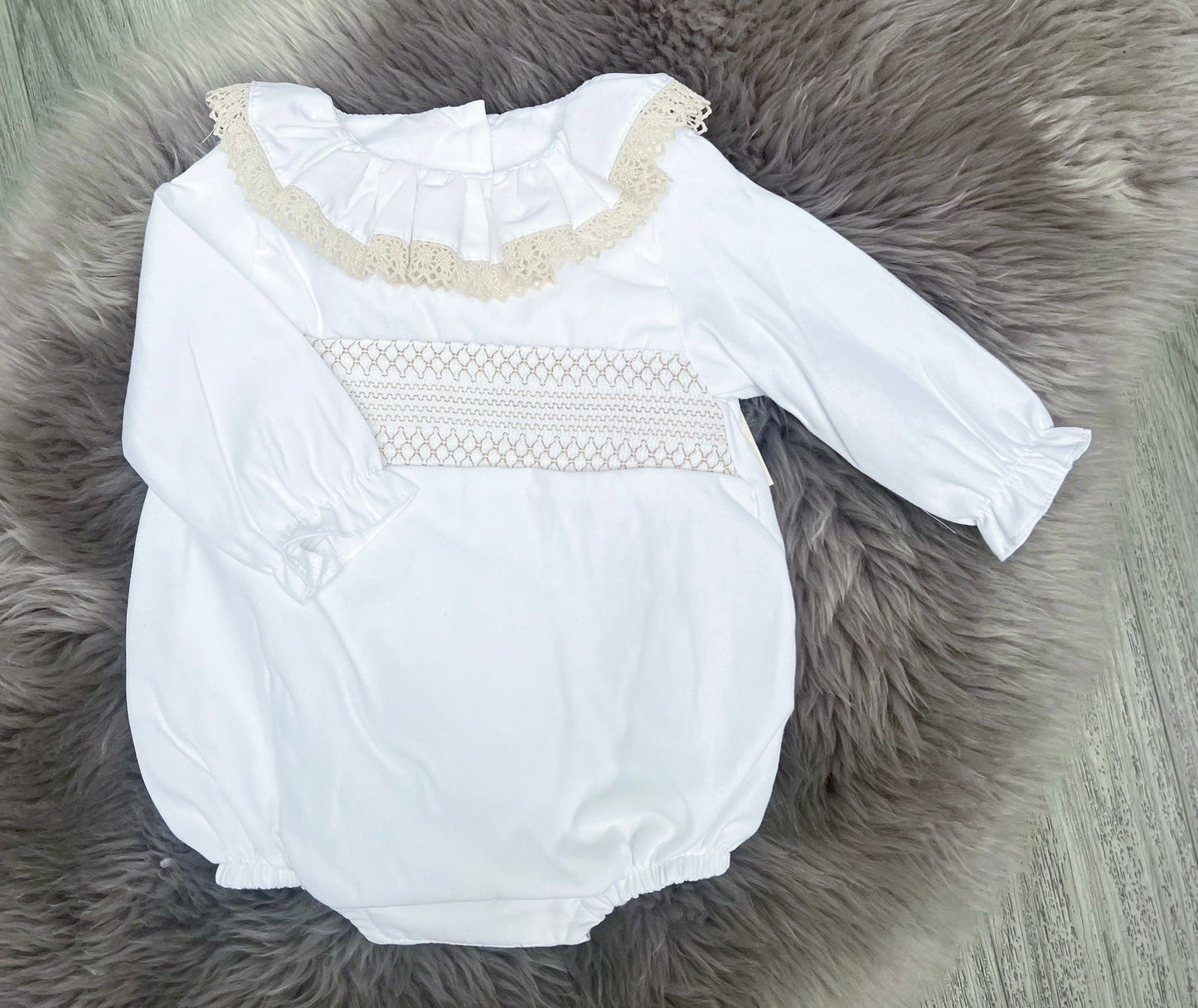 White & Biege Smock Romper