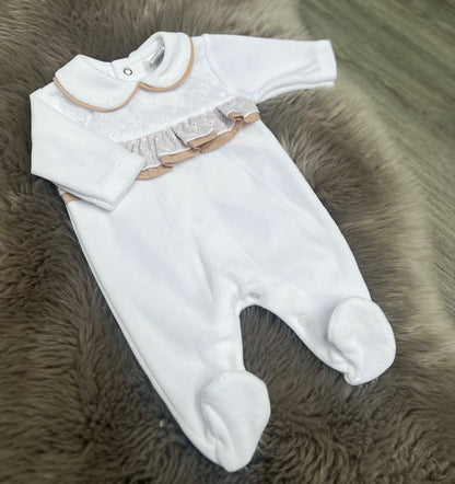 Beige Frilly Velour Babygrow