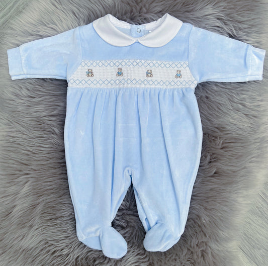 Blue velour teddy romper