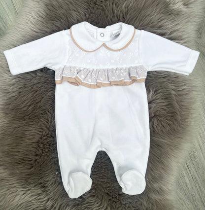 Beige Frilly Velour Babygrow