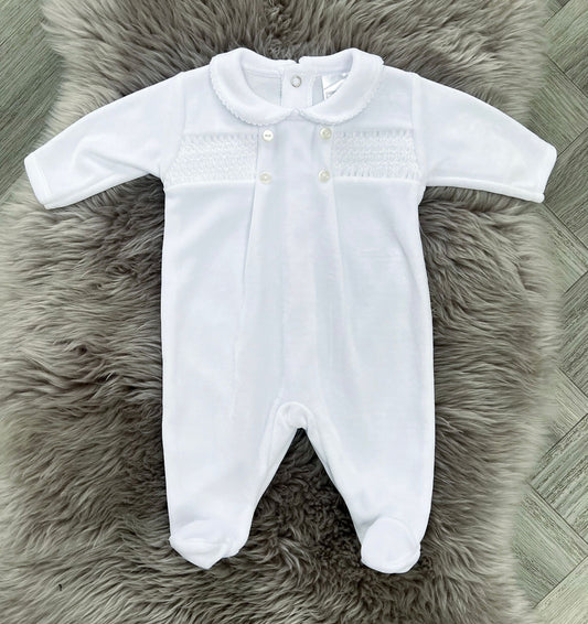 White Velour Smock Babygrow