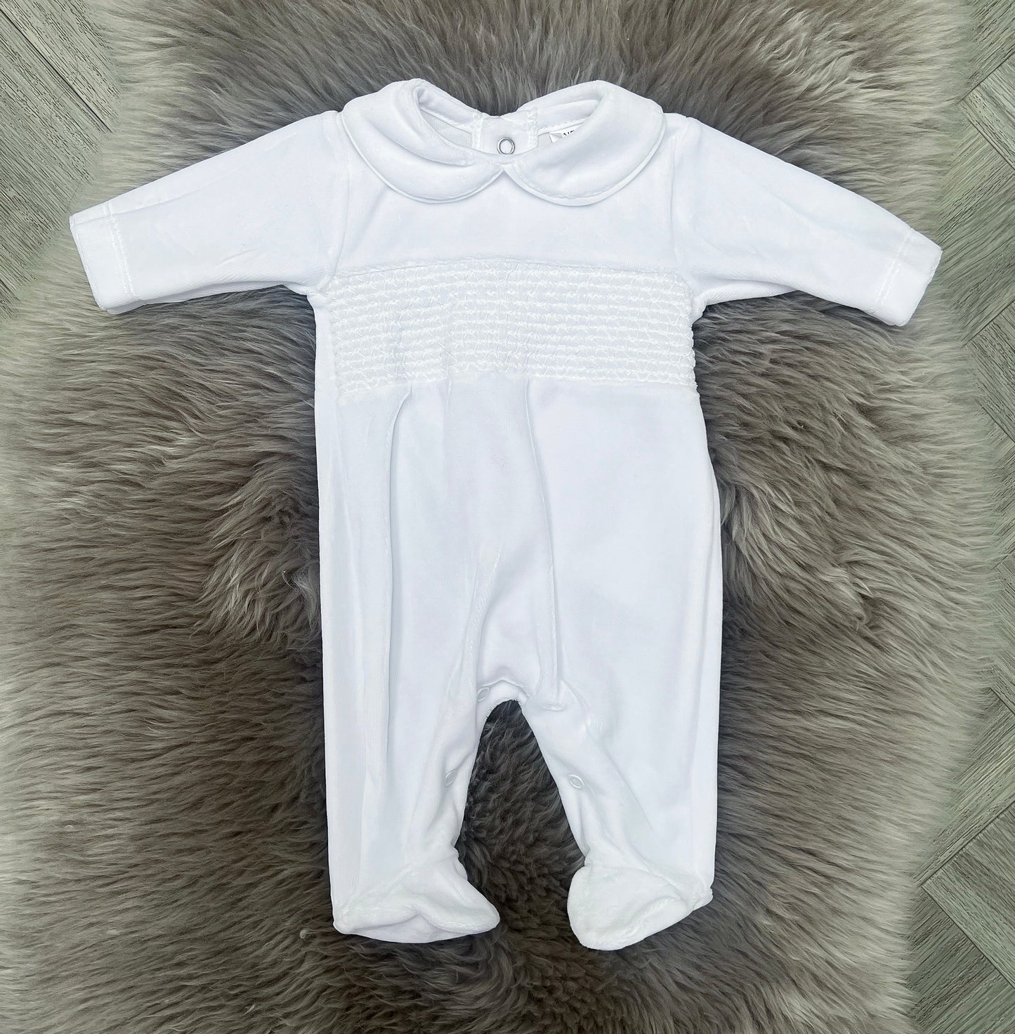 White Smock Velour Babygrow