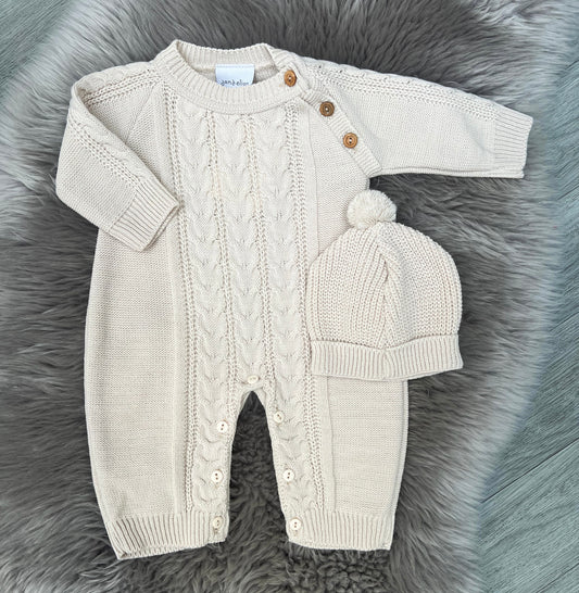 Beige Knitted Romper with hat