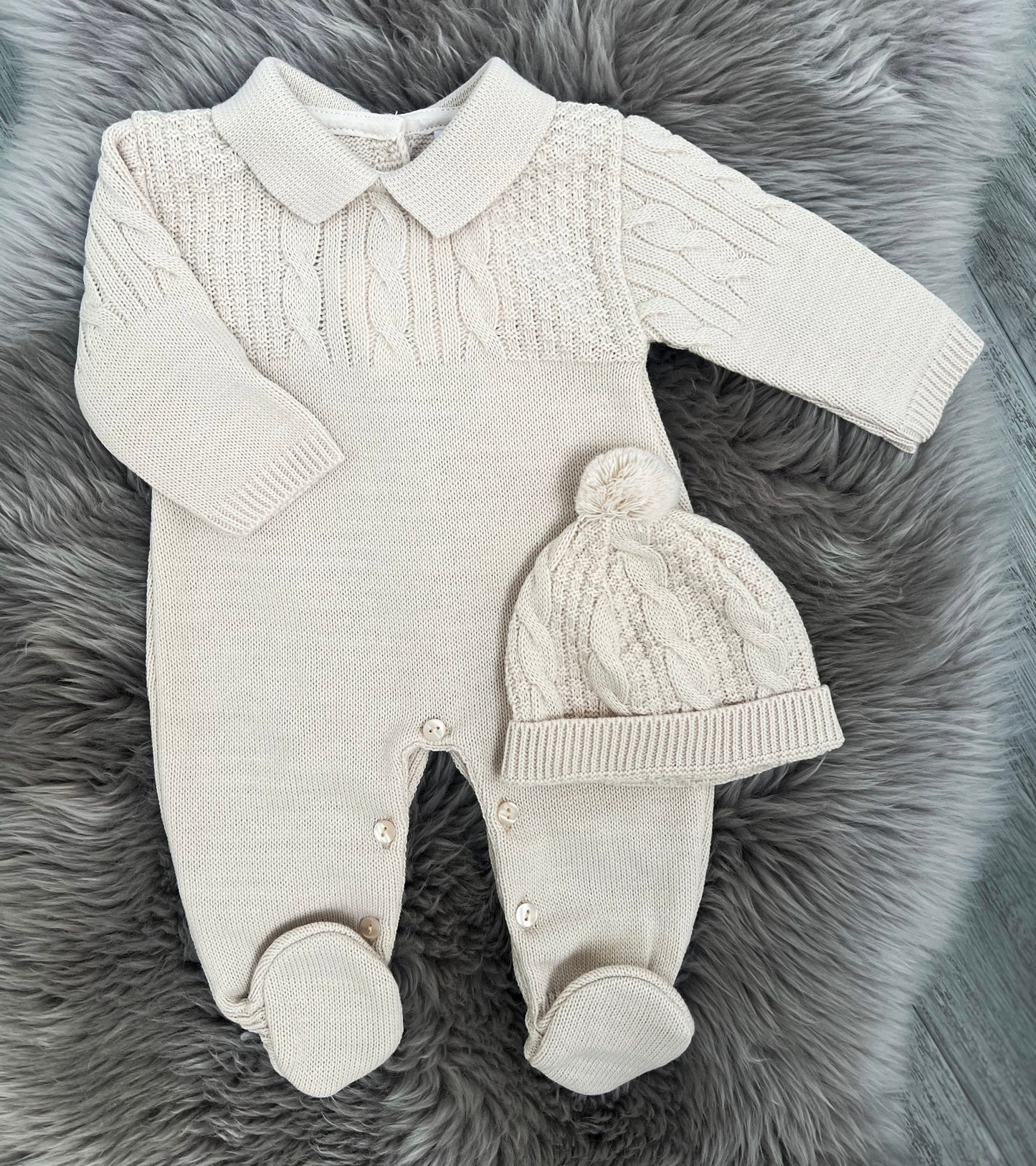 Beige Knit Babygrow with matching hat